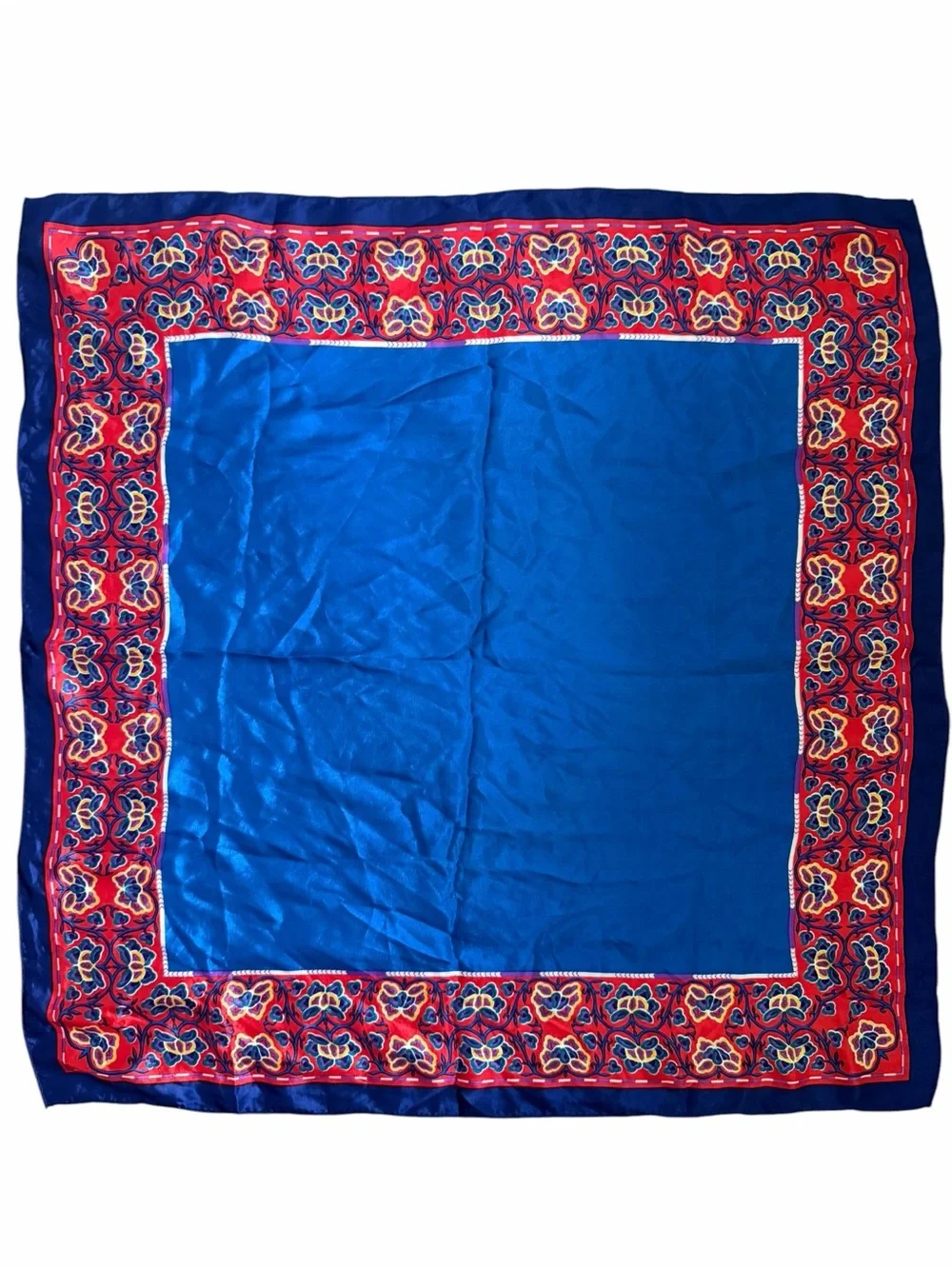 Vibrant Blue Silk Scarf with Red Patterned Border